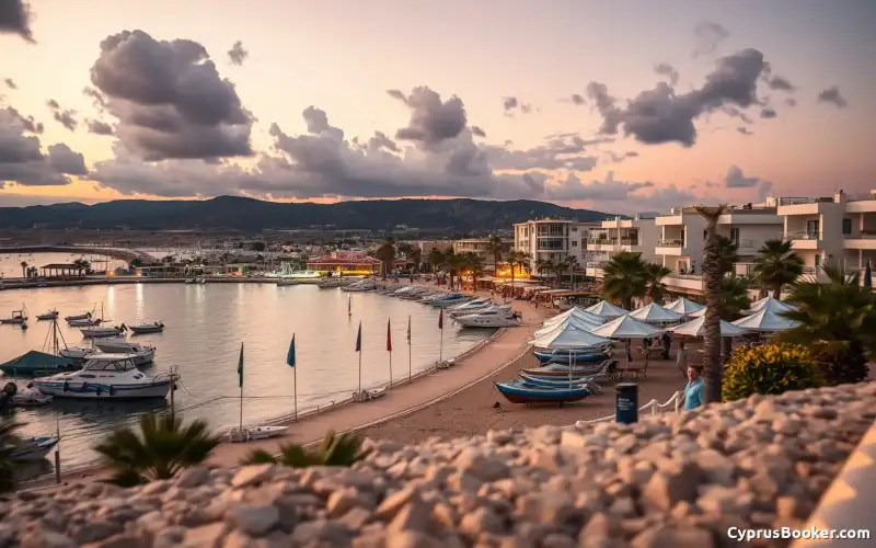 Vibrant Ayia Napa nightlife illuminates the beach, offering a lively Mediterranean resort experience